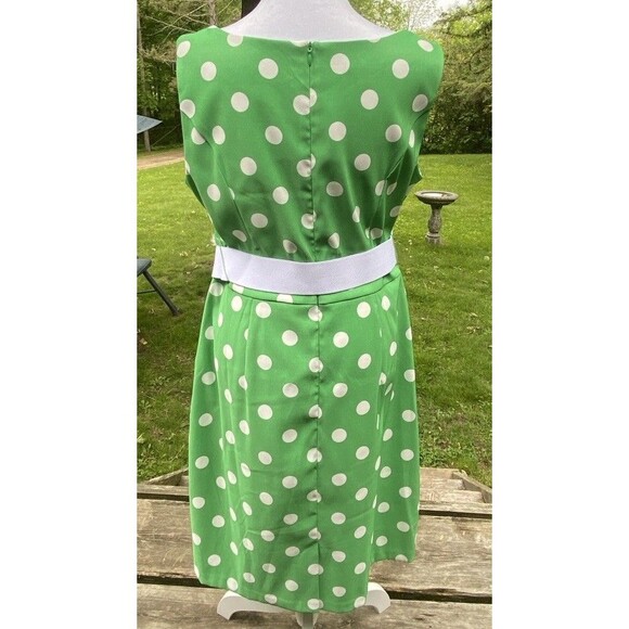 ROZ & ALI Women Sz 16 Green Dress White Polka Dot Wide Spandex Belt Sleeveless - Picture 4 of 16